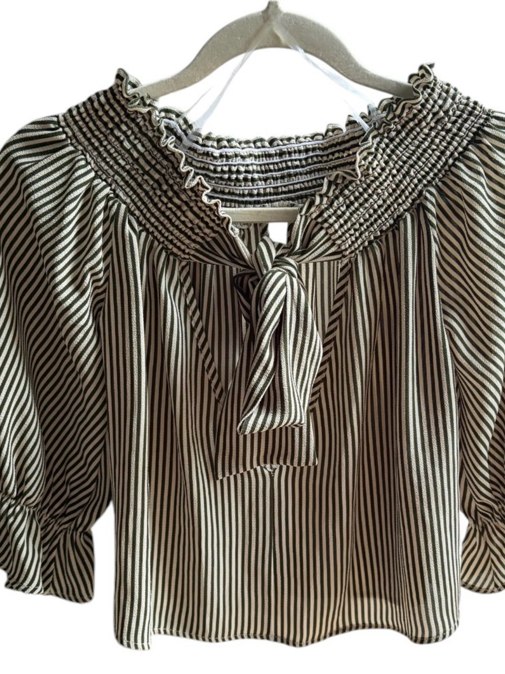 Ces Femme Green & Cream Striped Smocked Tie-Neck Top
